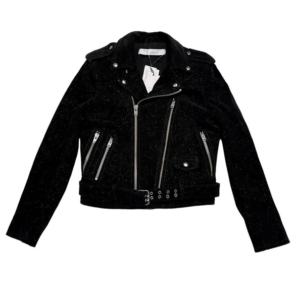 NWT IRO Adri Suede Leather Black Glitter Moto Jacket - Picture 2 of 10